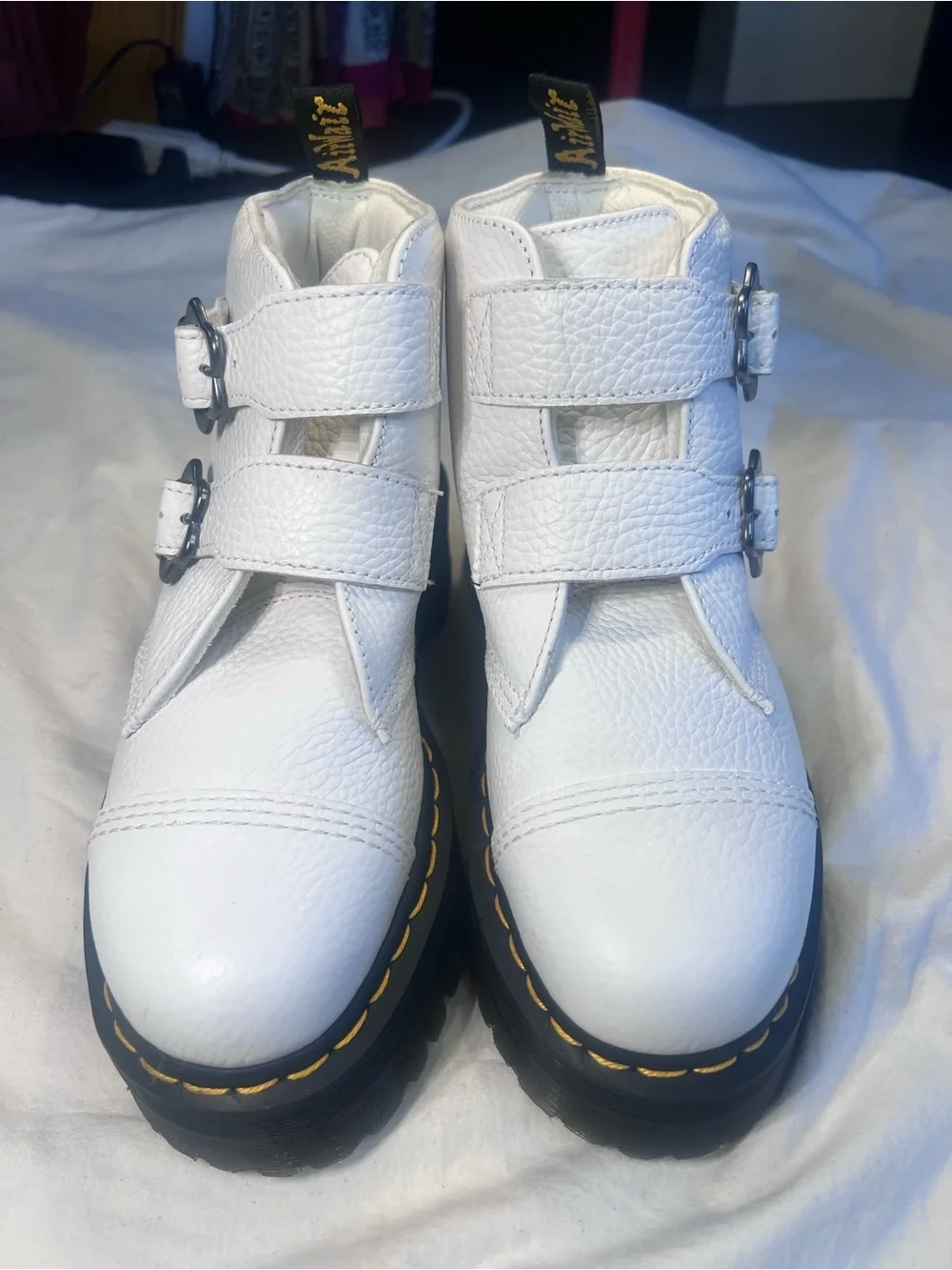 Dr. Martens White Devon Flower Buckle Platform Boots NWOT